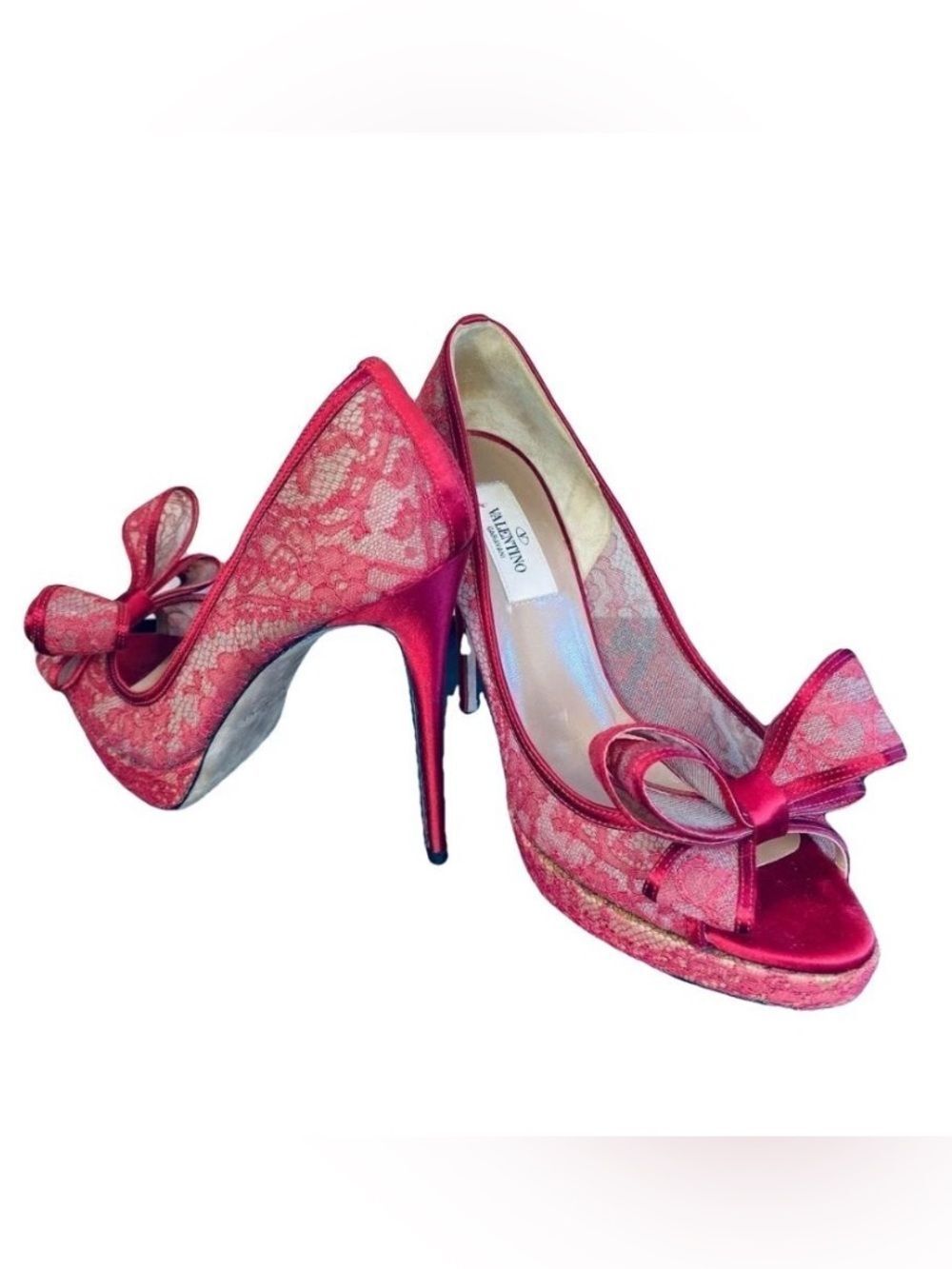 🛍️Valentino Authentic Burgundy Floral Couture Bow Lace Peep Toe Platform Pumps